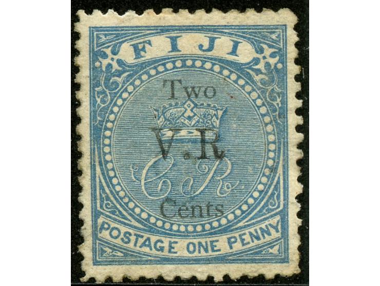 1874, Overprinted at "The Polynesian Gazette", Levuka: 2 c. on 1 d. blue overprinted Roman "V.R." (Type 6) in black, variety 