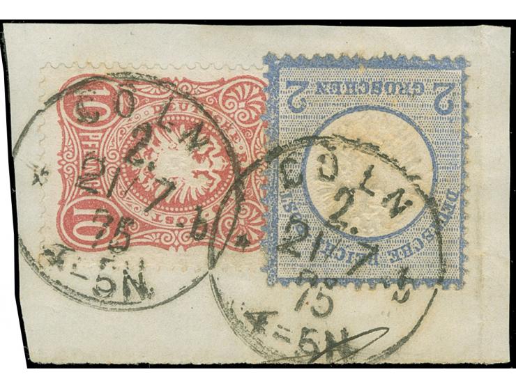 “COELN 2 *b 21.7.75” zweimal klar und kpl. auf großer Schild 2 Gr. grauultramarin und Ausgabe 1875 10 Pfge mattrot auf Briefs