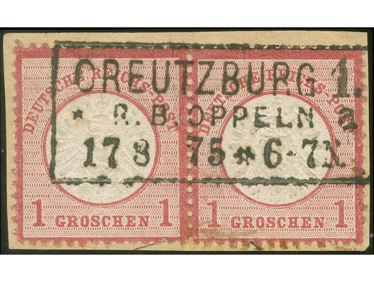 “CREUTZBURG 1. R.B. OPPELN *a 17.8.75” klar und praktisch kpl. auf waagerechtem Paar großer Schild 1 Gr. auf Briefstück. Die 