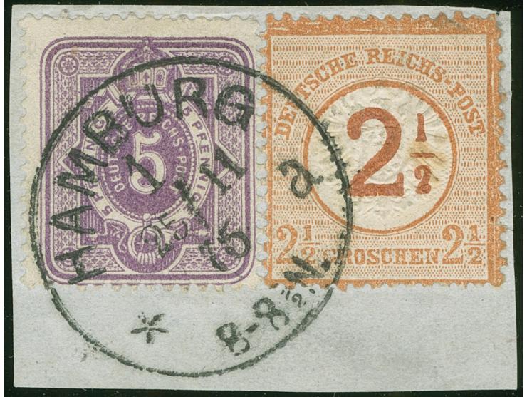 “HAMBURG 1*a 25.11.75” klar auf 2½ auf 2½ Gr. und Ausgabe 1875 5 Pfge violett auf Briefstück. Die Brustschildmarke hat einen 