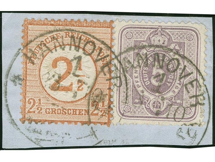 “HANNOVER 1*d 13.10.75” zweimal recht klar auf großer Schild 2½ auf 2½ Gr. und Ausgabe 1875 5 Pfge violett auf Briefstück. Di