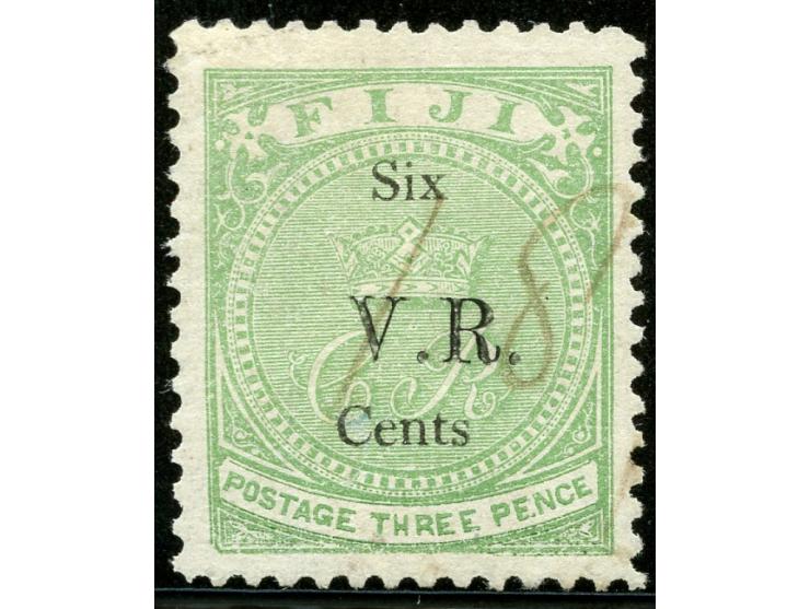 1874, Overprinted at "The Polynesian Gazette", Levuka: 6 c. on 3 d. green overprinted Roman V.R. (Type 6) in black, a fine us