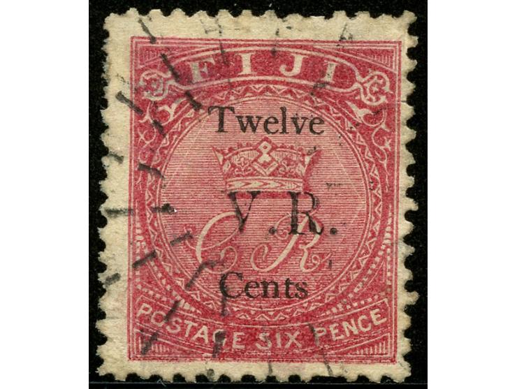 1874, Overprinted at "The Polynesian Gazette", Levuka: 12 c. on 6 d. rose overprinted Roman V.R. (Type 6) in black, a fine us