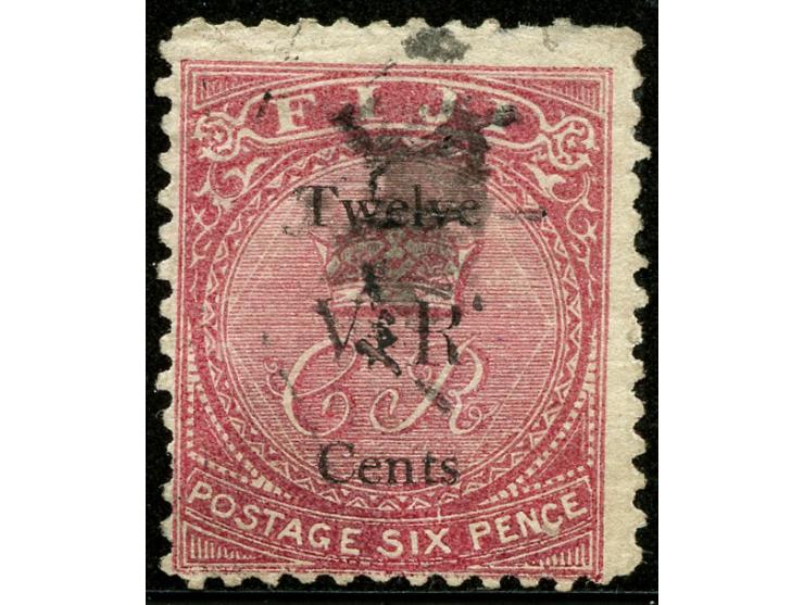 1874, Overprinted at "The Polynesian Gazette", Levuka: 12 c. on 6 d. rose overprinted Roman V.R. (Type 6) in black, used, var