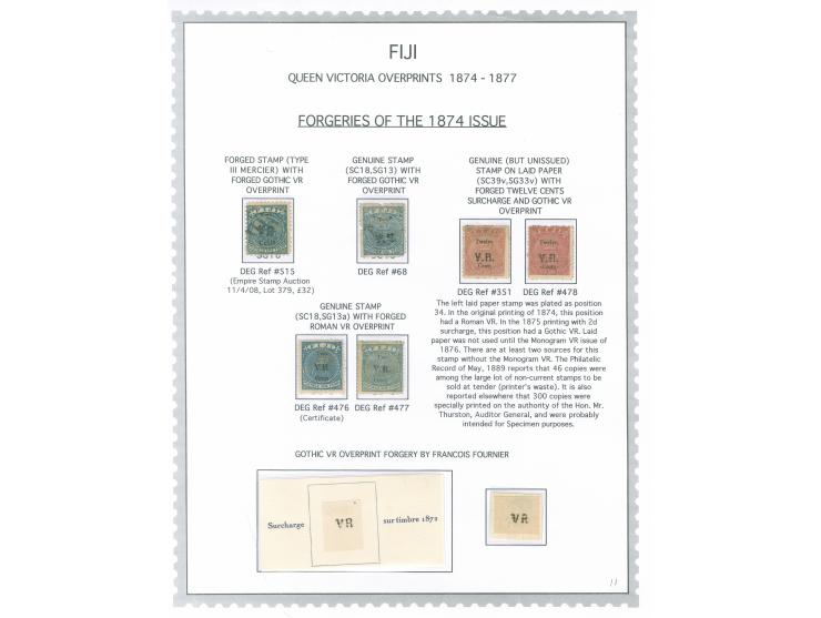 1874, Forgeries Study on album page: 12 c. on 6 d. rose laid paper two stamps forged overprint Gothic VR and Twelve Cents. SG