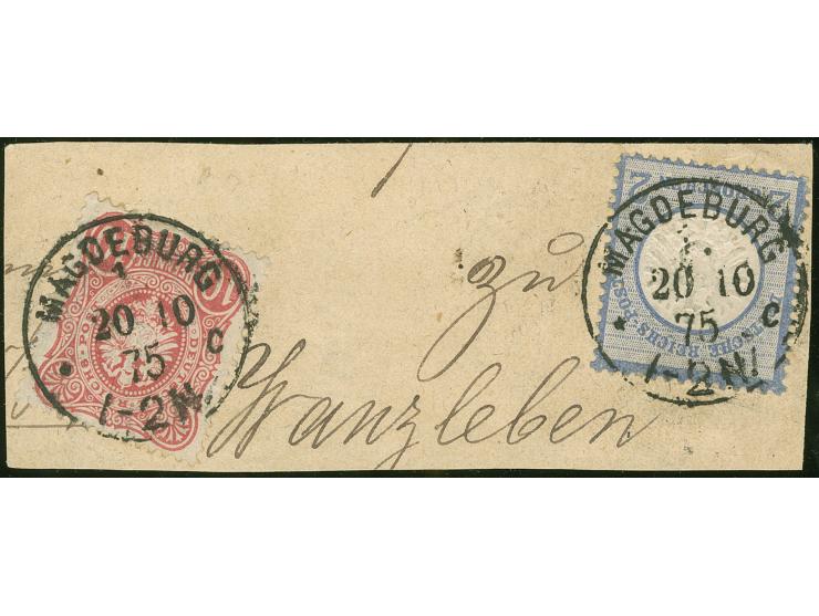 “MAGDEBURG 1*c 20.10.75” zweimal klar auf großer Schild 2 Gr. grauultramarin und Ausgabe 10 Pfge. lilarot auf Briefstück. Die
