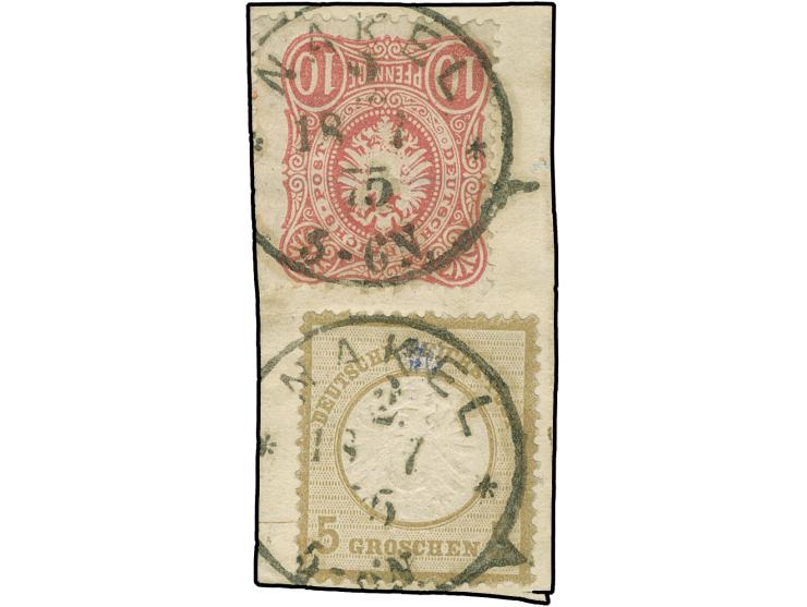 “NAKEL 2 ** 18.7.75” zweimal klar auf großer Schild 5 Gr. und Ausgabe 1875 10 Pfge. lilarot auf Briefstück. Die farbfrische B