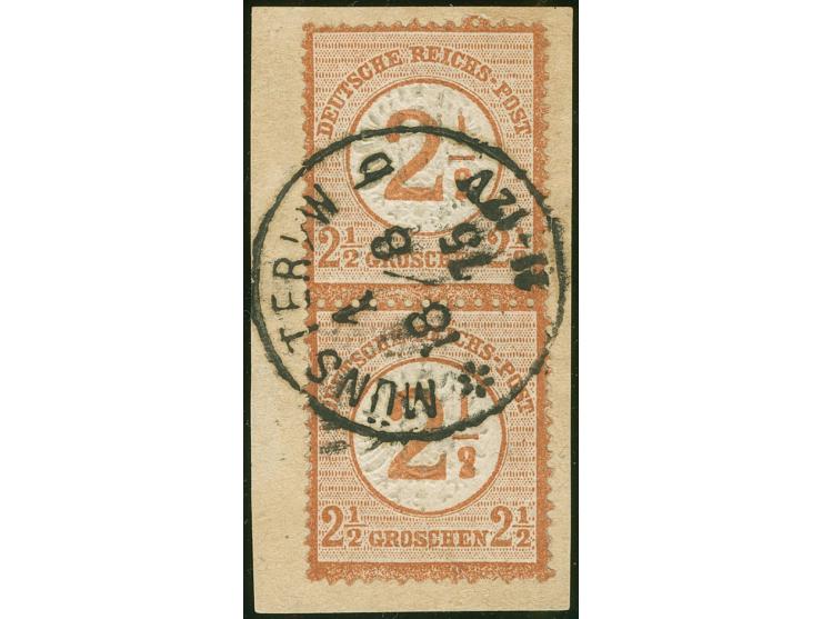 “MÜNSTER I.W. 1*b 18.8.75” klar und kpl. auf senkrechtem Paar Ausgabe 1874 2½ auf 2½ Gr. auf Briefstück. Die farbfrischen Mar