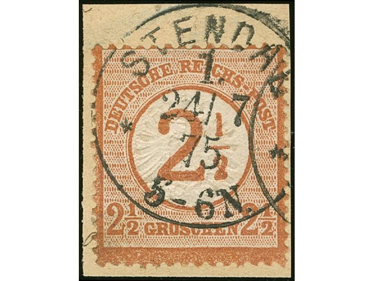 “STENDAL 1** 24.7.75” klar und fast zentrisch auf 2½ auf 2½ Gr. braunorange auf Briefstück. Die farbfrische Marke ist deutlic