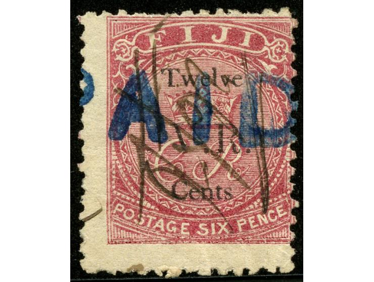 1874, Overprinted at "The Polynesian Gazette", Levuka: 12 c. on 6 d. rose overprinted Roman V.R. (Type 6) in black, cancelled