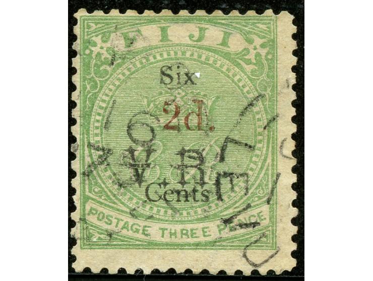 1875, Overprinted at "The Polynesian Gazette", Levuka: 2 c. on 3 d. green overprinted in red, watermark “G” inverted and reve