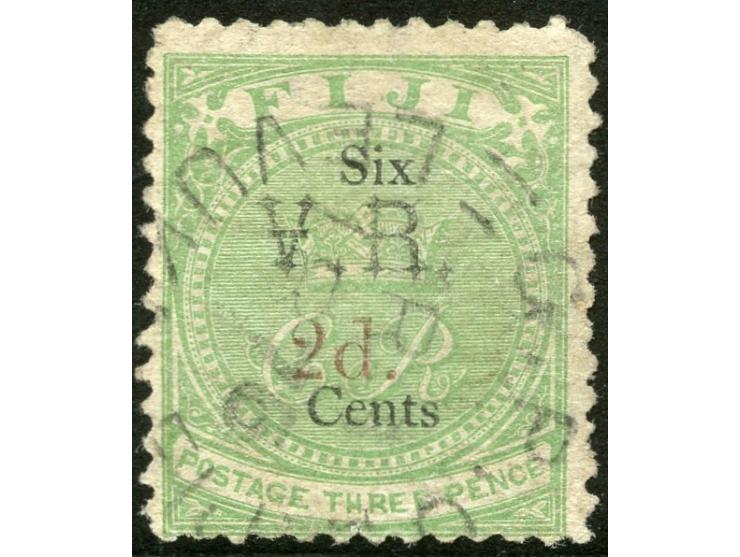 1875, Overprinted at "The Polynesian Gazette", Levuka: 2 c. on 3 d. green overprinted in red below V.R., clear cancelled G.P.