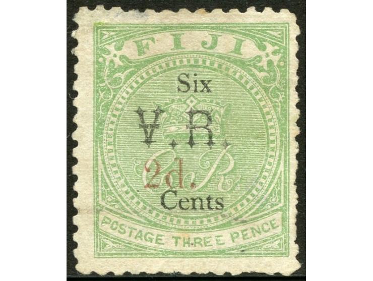 1875, Overprinted at "The Polynesian Gazette", Levuka: 2 c. on 3 d. green overprinted in red below V.R., very light cancelled