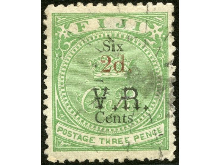 1875, Overprinted at "The Polynesian Gazette", Levuka: 2 c. on 3 d. green overprinted in red, watermark “F I”, variety fat “i
