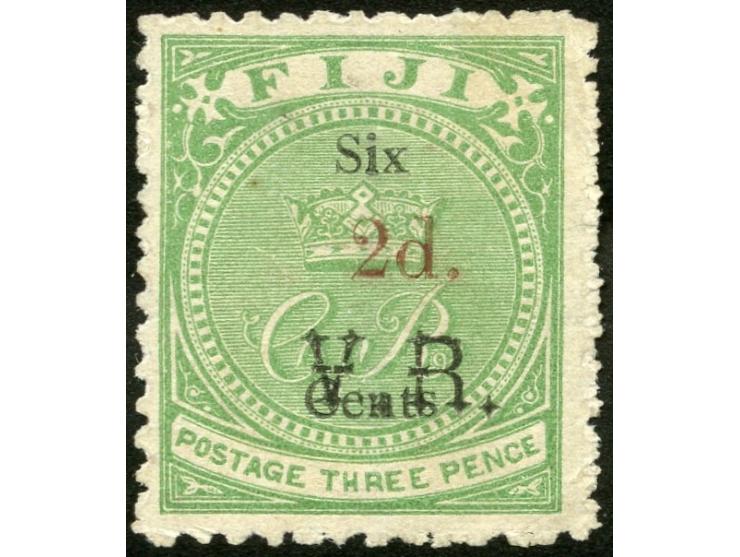 1875, Overprinted at "The Polynesian Gazette", Levuka: 2 c. on 3 d. green overprinted in red, watermark “E” inverted, variety