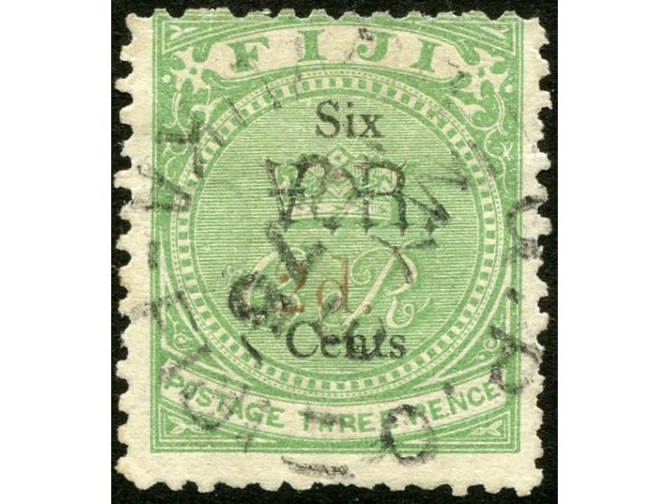 1875, Overprinted at "The Polynesian Gazette", Levuka: 2 c. on 3 d. green overprinted in red, watermark “G” reverse, cancelle