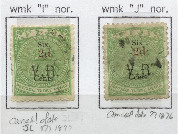 1875, Overprinted at "The Polynesian Gazette", Levuka: two stamps 2 c. on 3 d. green overprinted in red, watermark “I” and “J