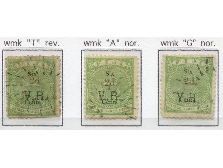 1875, Overprinted at "The Polynesian Gazette", Levuka: three stamps 2 c. on 3 d. green overprinted in red, watermark “T”, “A”