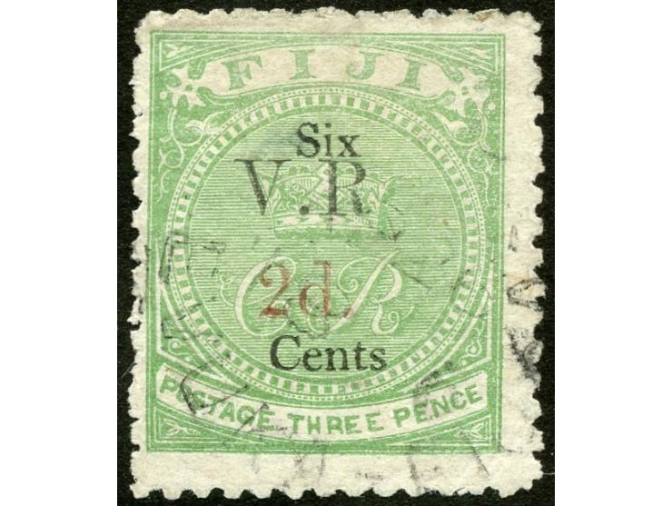 1875, Overprinted at "The Polynesian Gazette", Levuka: three stamps 2 c. on 3 d. green (T6) overprinted in red, light cancell