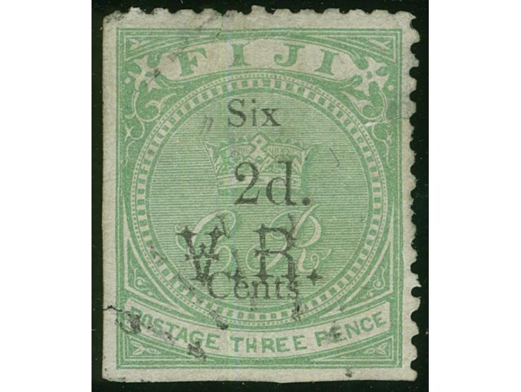 1875, Overprinted at "The Polynesian Gazette", Levuka: 2 c. on 3 d. green (T5) overprinted in black, light cancelled, variety