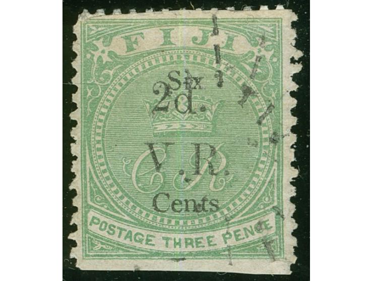 1875, Overprinted at "The Polynesian Gazette", Levuka: 2 c. on 3 d. green (T6) overprinted in black, light sunburst cancelled