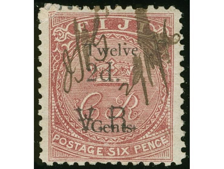 1874, Overprinted at "The Polynesian Gazette", Levuka: 12 c. on 6 d. rose overprinted Roman V.R. (Type 5 and 7) in black, man
