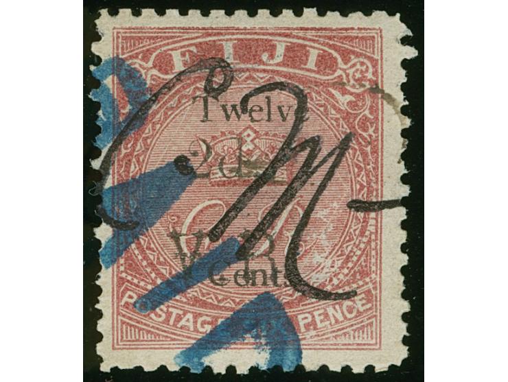 1874, Overprinted at "The Polynesian Gazette", Levuka: 12 c. on 6 d. rose overprinted Roman V.R. (Type 5 and 7) in black, man