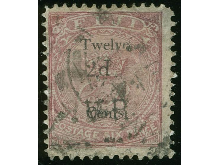 1874, Overprinted at "The Polynesian Gazette", Levuka: 12 c. on 6 d. dull rose overprinted Roman V.R. (Type 5 and 7) in black