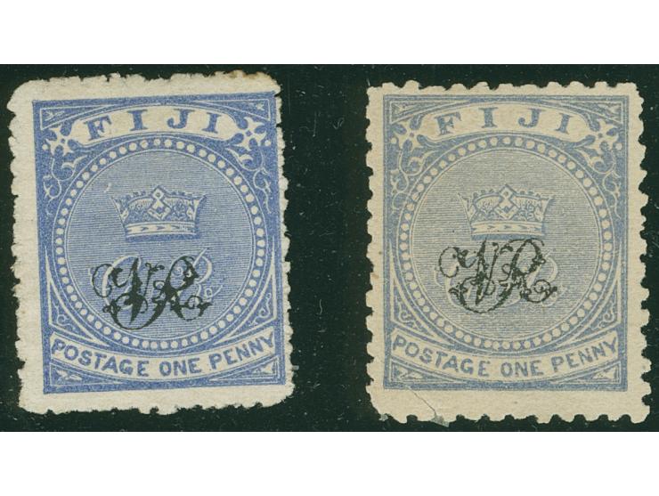 1876/77, Govt. Printing: 1 d. dull blue, perf. 12½ and 1 d. grey-blue, perf. 11 (SG unrecorded, corner flaw at bottom left) o