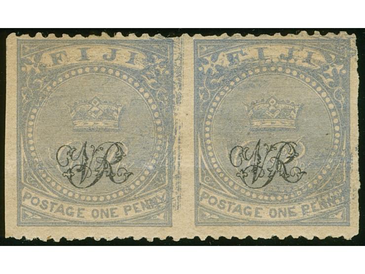 1876/77, Govt. Printing: 1 p. grey-blue on wove paper with monogram "VR" overprint, horizontal pair imperforate vertically, h