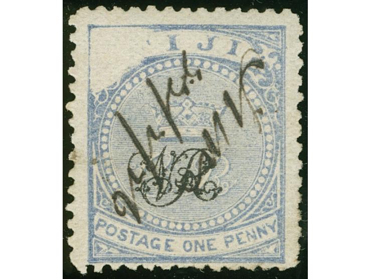 1876/77, Govt. Printing: 1 p. dull blue on wove paper with monogram "VR" overprint, variety ‘VOID CORNER’ at top left, pen ca