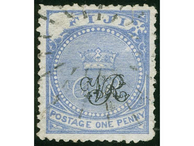 1876/77, Govt. Printing: 1 p. dull blue on wove paper with monogram "VR" overprint, variety ‘VOID CORNER’ at top left, Levuka