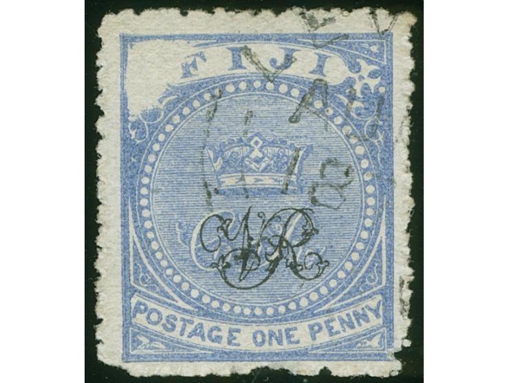 1876/77, Govt. Printing: 1 p. dull blue on wove paper with monogram "VR" overprint, variety ‘VOID CORNER’ at top left, Levuka