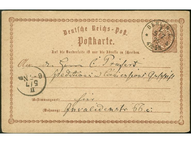 “BERLIN C. 1 *a 5.7.75” klar auf Ganzsachenkarte ½ Gr. als Ortskarte in einwandfreier Erhaltung. Frühe Verwendung des Normste