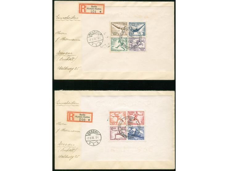 1937, Olympia-Blockpaar je sauber auf R-FDC mit Sonderstempel nach Dessau mit vorderseitigem Ankunftsstempel, einwandfrei