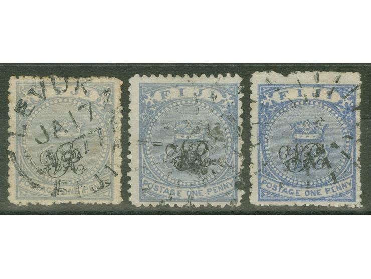 1876/77, Govt. Printing: three stamps 1 p. grey-blue and dull blue on wove paper with monogram "VR" overprint, all cancelled 