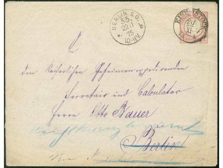 “BERLIN S.O.33 *b 22.11.75” klar vorderseitig auf Ganzsachenumschlag 1 Gr. im Großformat mit DKr. “EIBENSTOCK 20.XI.75” nach 