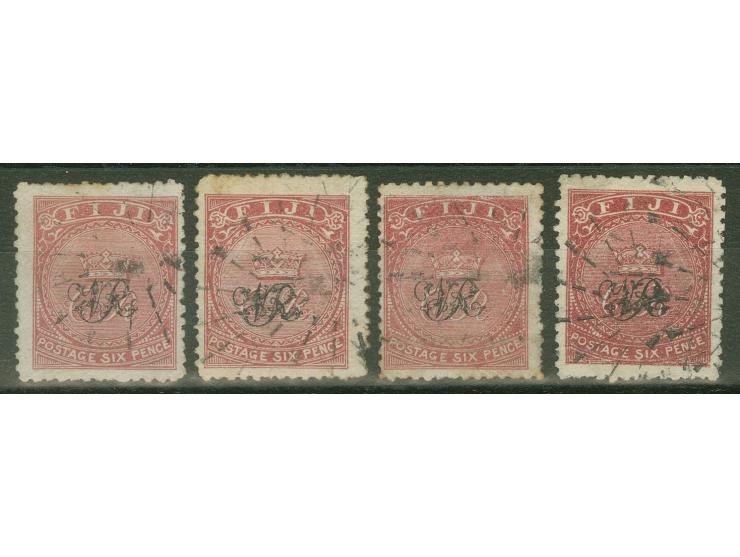 1876/77, Govt. Printing: four stamps 6 d. showing shades deep-rose, carmine-rose and dull-rose, on wove paper with monogram "