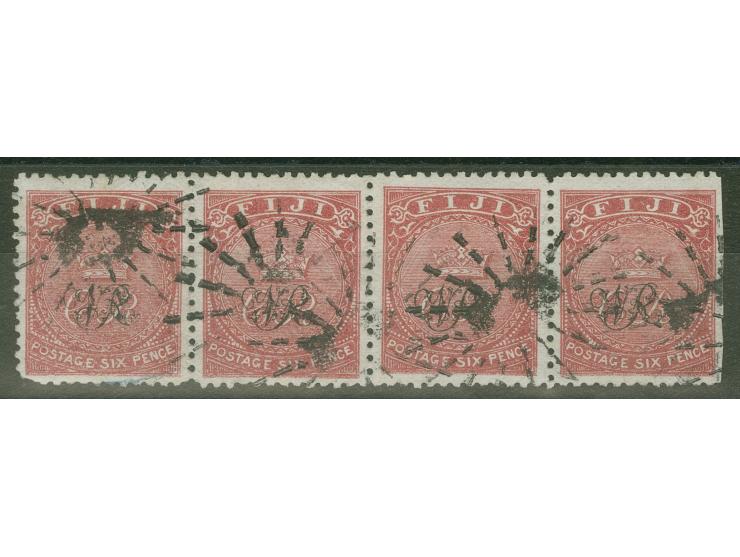 1876/77, Govt. Printing: strip of four 6 d. carmine-rose on wove paper with monogram "VR" overprint, all clear sunburst cance