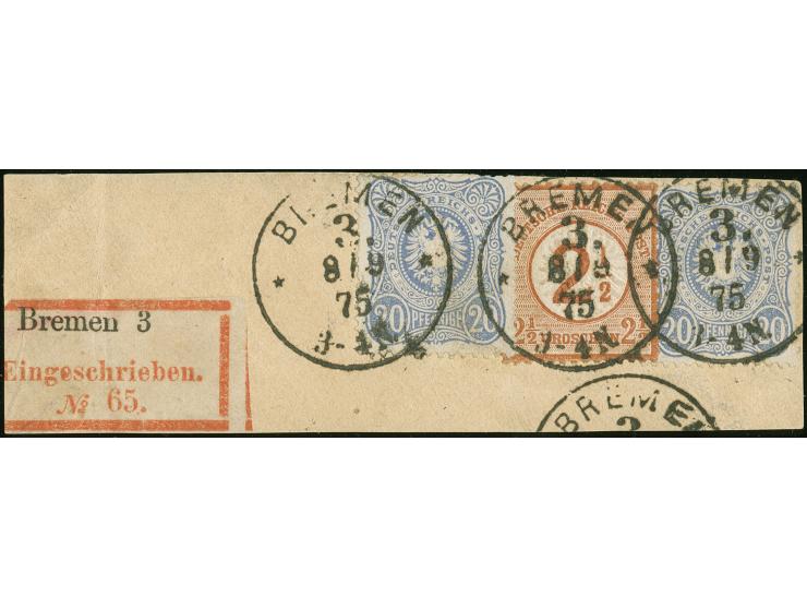 “BREMEN 3 ** 8.9.75” mehrfach klar auf Ausgabe 1874 2½ auf 2½ Gr. und zwei Einzelwerte 20 Pfge auf Briefstück mit beschnitten