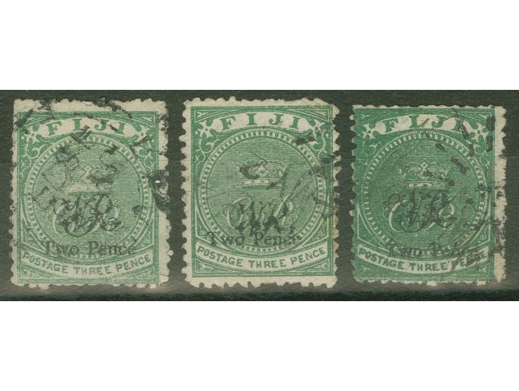 1876/77, Govt. Printing: three stamps 2 d. on 3 d. showing shades pale green, deep green and very deep green, on wove paper w