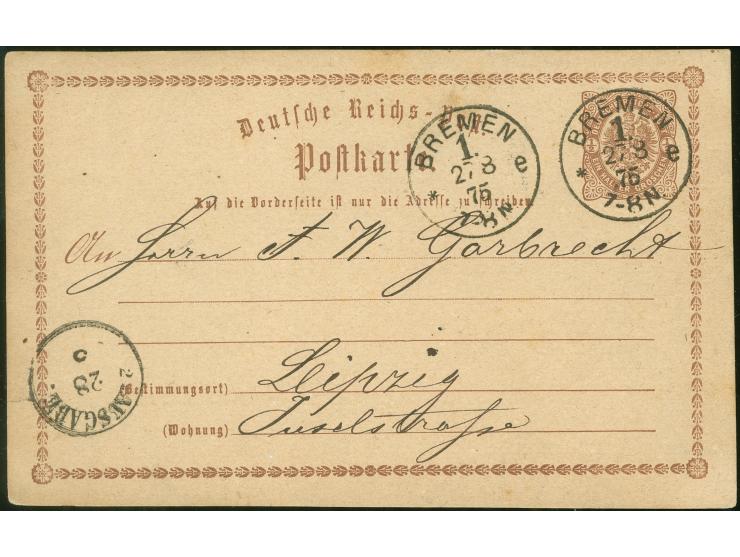 “BREMEN 1*e 27.8.75” zweimal klar auf Ganzsachenkarte ½ Gr. nach Leipzig mit vorderseitigem Ausgabestempel, in einwandfreier 