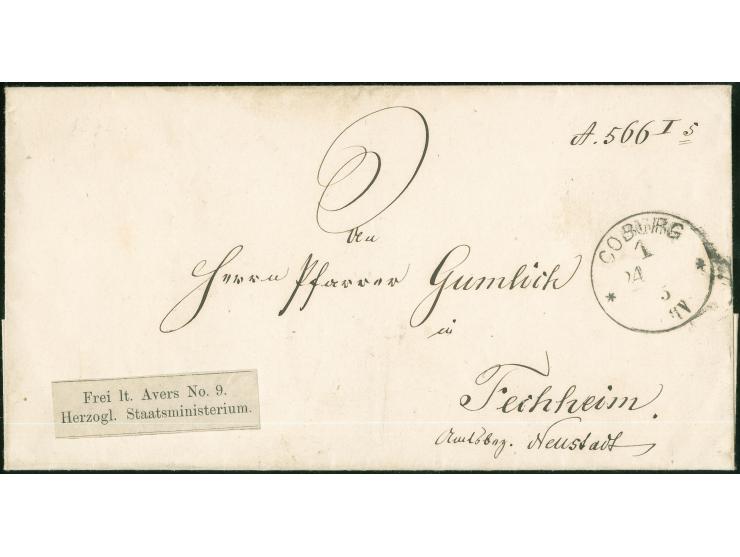 “COBURG 1 ** 24.12.75” etwas undeutlich auf Faltbriefhülle mit Avers-Zettel “Frei lt. Avers No.9 Herzigl. Staatsministerium” 