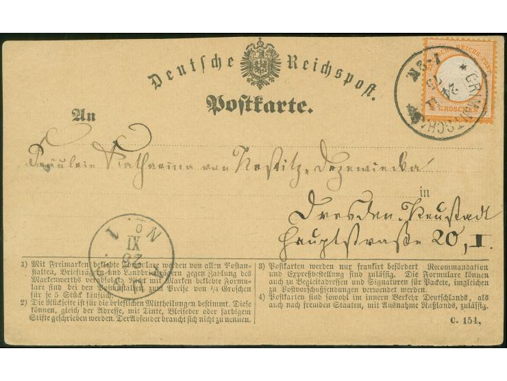 “CRIMMITSCHAU ** 24.11.75” klar auf großer Schild ½ Gr. orange auf amtlicher Postkarten-Formular nach Dresden-Neustadt mit vo