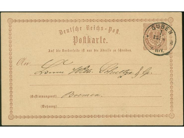 “GUBEN 1 *g 15.8.75” klar auf Ganzsachenkarte ½ Gr. nach Bremen in einwandfreier Erhaltung