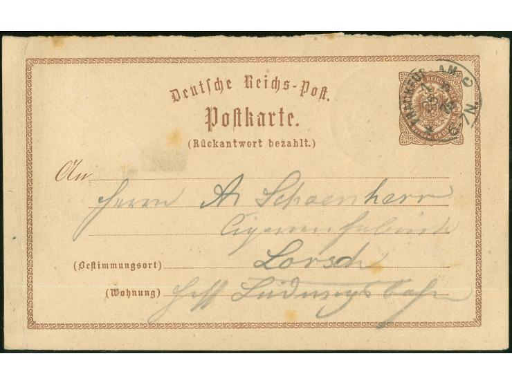 “FRANKFURT A.M. 1 *c 25.8.75” klar auf Frage-Ganzsachenkarte nach Lorsch mit Ankunftstempel. Die Karte mit wenigen Gelbpunkte