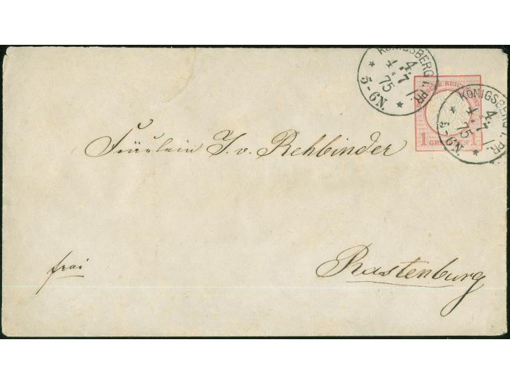 “KÖNIGSBERG i. PR. 4 ** 4.7.75” sehr klar auf Ganzsachenumschlag 1 Gr. nach Rastenburg mit Ankunftsstempel. Der Umschlag ist 