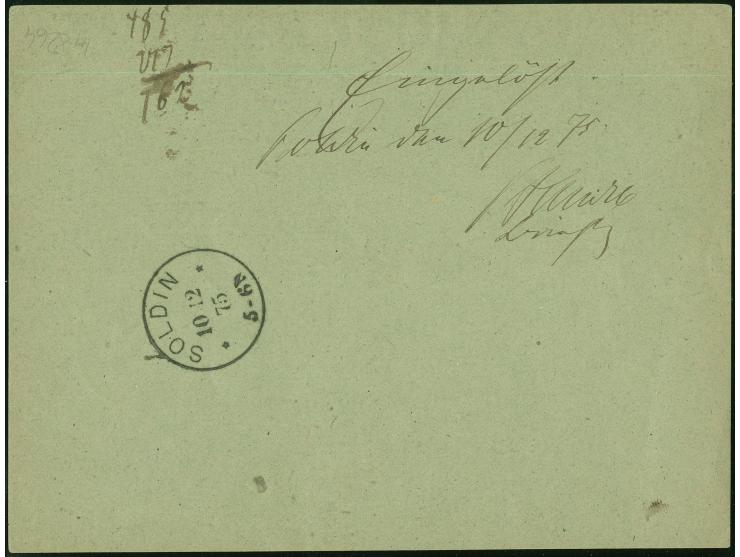 “SOLDIN ** 10.12.75” sehr klar als Ankunftsstempel rückseitig auf grünem Post-Mandat-Formular über 19 M. 85 Pfg. aus Stettin,
