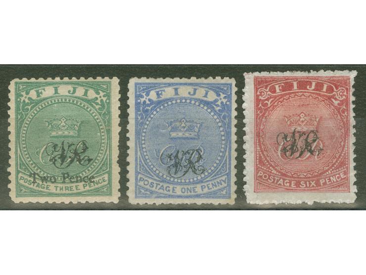 1877, Govt. Printing: three stamps 1 d. blue (no gum), 2 d. on 3 d. green, 6 d. deep rose, on laid paper with monogram "VR" o