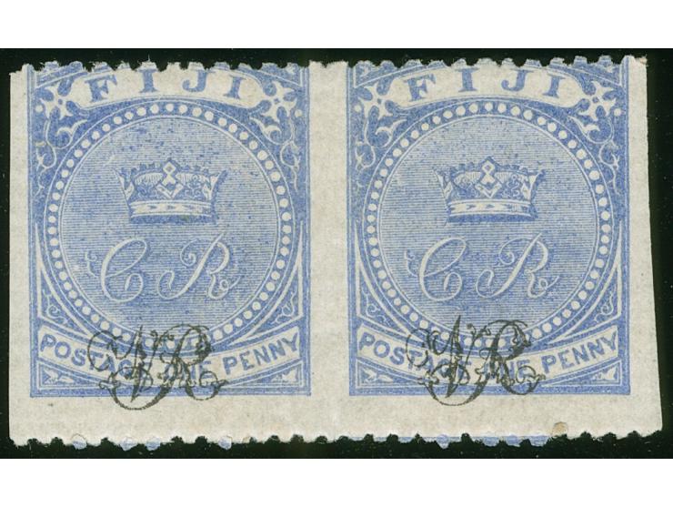 1877, Govt. Printing: pair 1 d. blue on laid paper with monogram "VR" overprint, variety ‘vertical imperf’, unused hinged, go